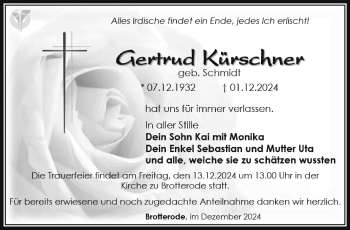 Traueranzeige von Gertrud Kürschner von Südthüringer Presse
