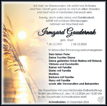 Traueranzeige von Irmgard Gaudernak von Südthüringer Presse