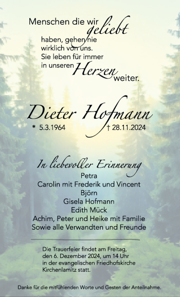 Traueranzeige von Dieter Hofmann von Frankenpost