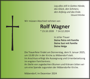 Traueranzeige von Rolf Wagner von Südthüringer Presse