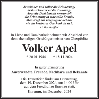 Traueranzeige von Volker Apel von Südthüringer Presse