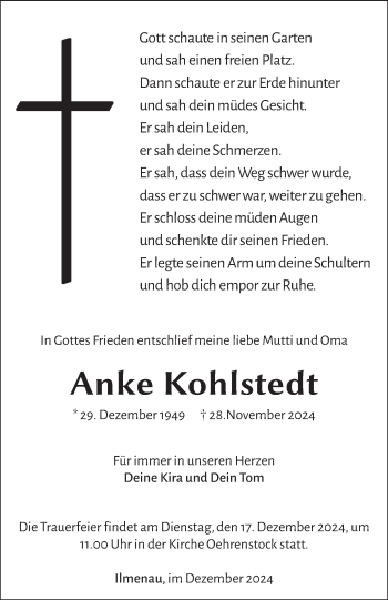 Traueranzeige von Anke Kohlstedt von Südthüringer Presse