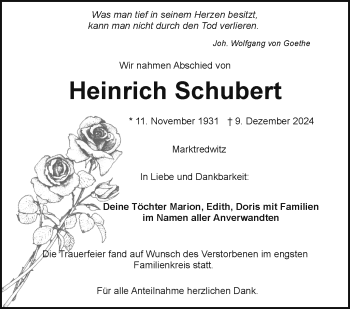 Traueranzeige von Heinrich Schubert von Frankenpost