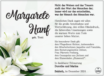 Traueranzeige von Margarete Hanf von Südthüringer Presse