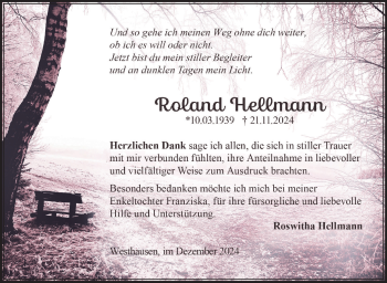 Traueranzeige von Roland Hellmann von Südthüringer Presse