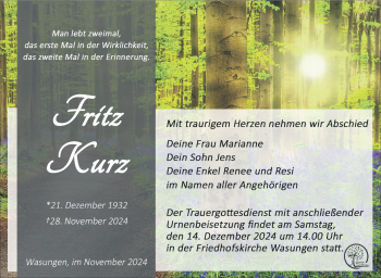 Traueranzeige von Fritz Kurz von Südthüringer Presse