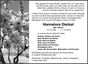 Traueranzeige von Hannelore Dietzel von Südthüringer Presse