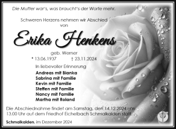 Traueranzeige von Erika Henkens von Südthüringer Presse