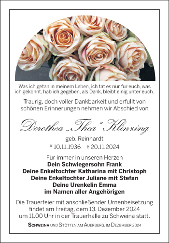 Traueranzeige von Dorothea Klinzing von Südthüringer Presse