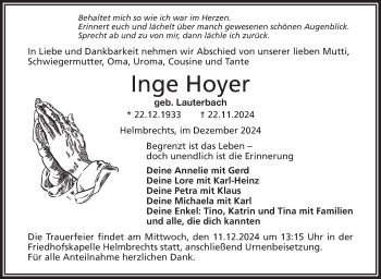 Traueranzeige von Inge Hoyer von Frankenpost