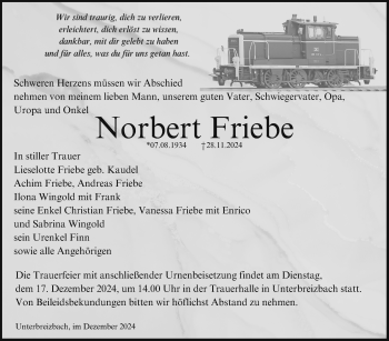 Traueranzeige von Norbert Friebe von Südthüringer Presse