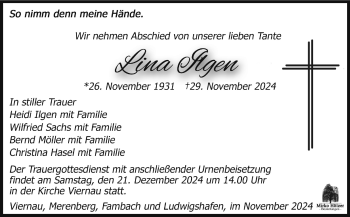 Traueranzeige von Lina Ilgen von Südthüringer Presse