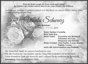 Traueranzeige von Ursula Schwarz von Südthüringer Presse