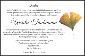 Traueranzeige von Ursula Taubmann von Südthüringer Presse