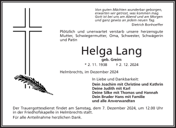 Traueranzeige von Helga Lang von Frankenpost