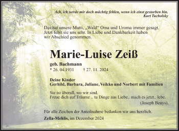 Traueranzeige von Marie Luise Zeiß von Südthüringer Presse