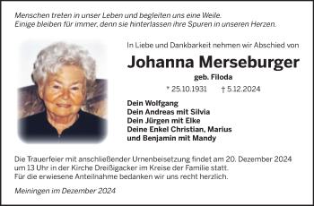 Traueranzeige von Johanna Merseburger von Südthüringer Presse