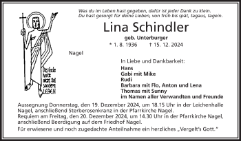 Traueranzeige von Lina Schindler von Frankenpost