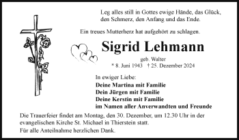 Traueranzeige von Sigrid Lehmann von Frankenpost