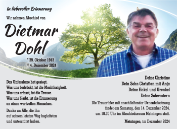 Traueranzeige von Dietmar Dohl von Südthüringer Presse