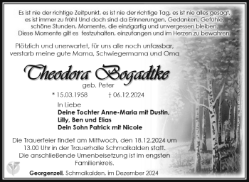 Traueranzeige von Theodora Bogadtke von Südthüringer Presse