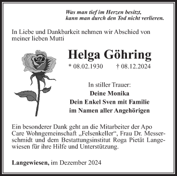 Traueranzeige von Helga Göhring von Südthüringer Presse