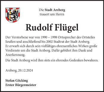 Traueranzeige von Rudolf Flügel von Frankenpost