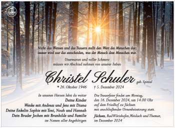 Traueranzeige von Christel Schuler von Südthüringer Presse