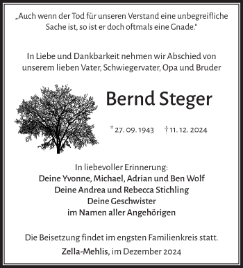 Traueranzeige von Bernd Steger von Südthüringer Presse