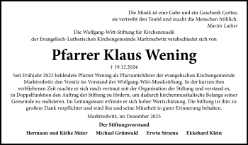 Traueranzeige von Klaus Wening von Frankenpost
