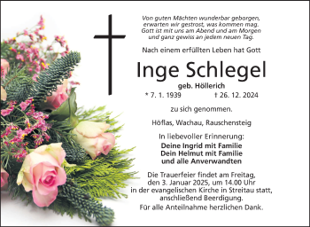 Traueranzeige von Inge Schlegel von Frankenpost