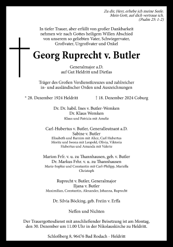 Traueranzeige von Georg Ruprecht von Butler von Neue Presse Coburg