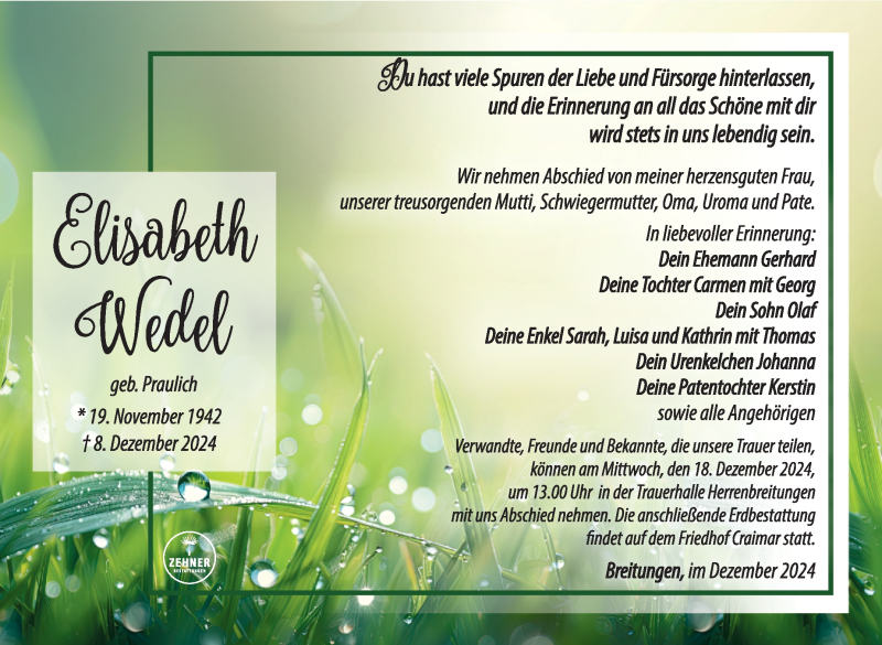  Traueranzeige für Elisabeth Wedel vom 14.12.2024 aus Südthüringer Presse