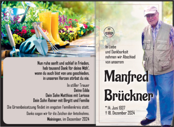 Traueranzeige von Manfred Brückner von Südthüringer Presse