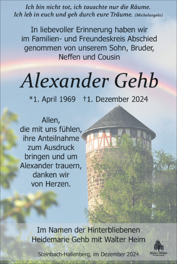 Traueranzeige von Alexander Gehb von Südthüringer Presse