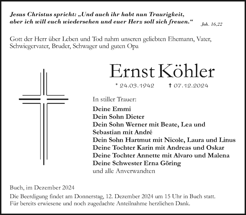  Traueranzeige für Ernst Köhler vom 11.12.2024 aus Neue Presse Coburg