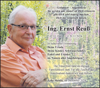 Traueranzeige von Ernst Reuß von Südthüringer Presse