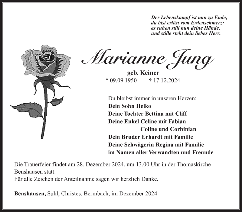  Traueranzeige für Marianne Jung vom 21.12.2024 aus Südthüringer Presse