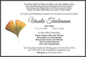 Traueranzeige von Ursula Taubmann von Südthüringer Presse