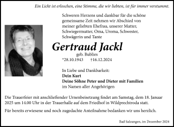 Traueranzeige von Gertraud Jackl von Südthüringer Presse