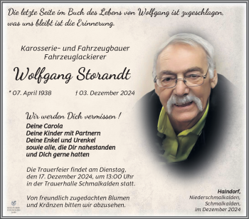 Traueranzeige von Wolfgang Storandt von Südthüringer Presse
