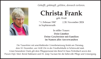 Traueranzeige von Christa Frank von Frankenpost