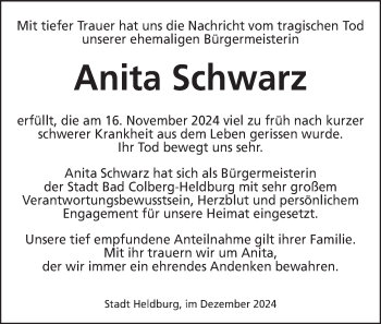 Traueranzeige von Anita Schwarz von Südthüringer Presse