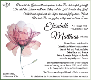 Traueranzeige von Elisabeth Matthias von Südthüringer Presse