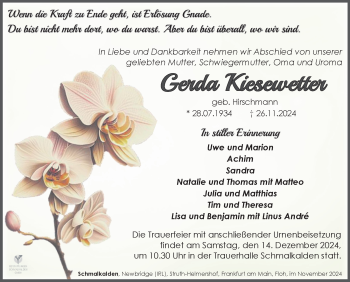 Traueranzeige von Gerda Kiesewetter von Südthüringer Presse