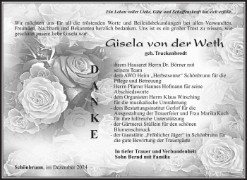 Traueranzeige von Gisela von der Weth von Südthüringer Presse