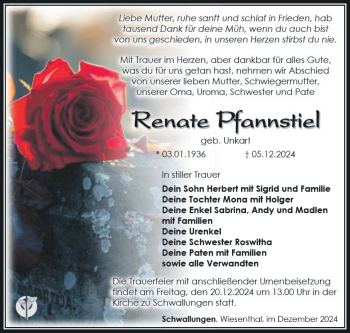 Traueranzeige von Renate Pfannstiel von Südthüringer Presse