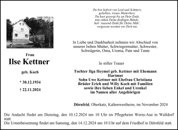 Traueranzeige von Ilse Kettner von Südthüringer Presse