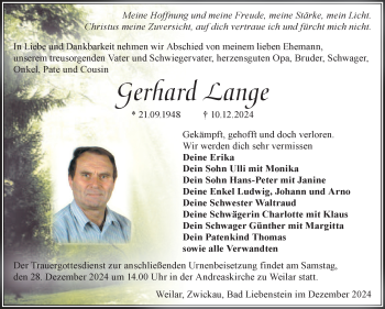 Traueranzeige von Gerhard Lange von Südthüringer Presse