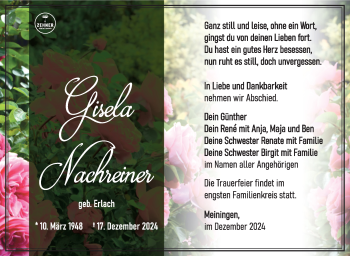 Traueranzeige von Gisela Nachreiner von Südthüringer Presse